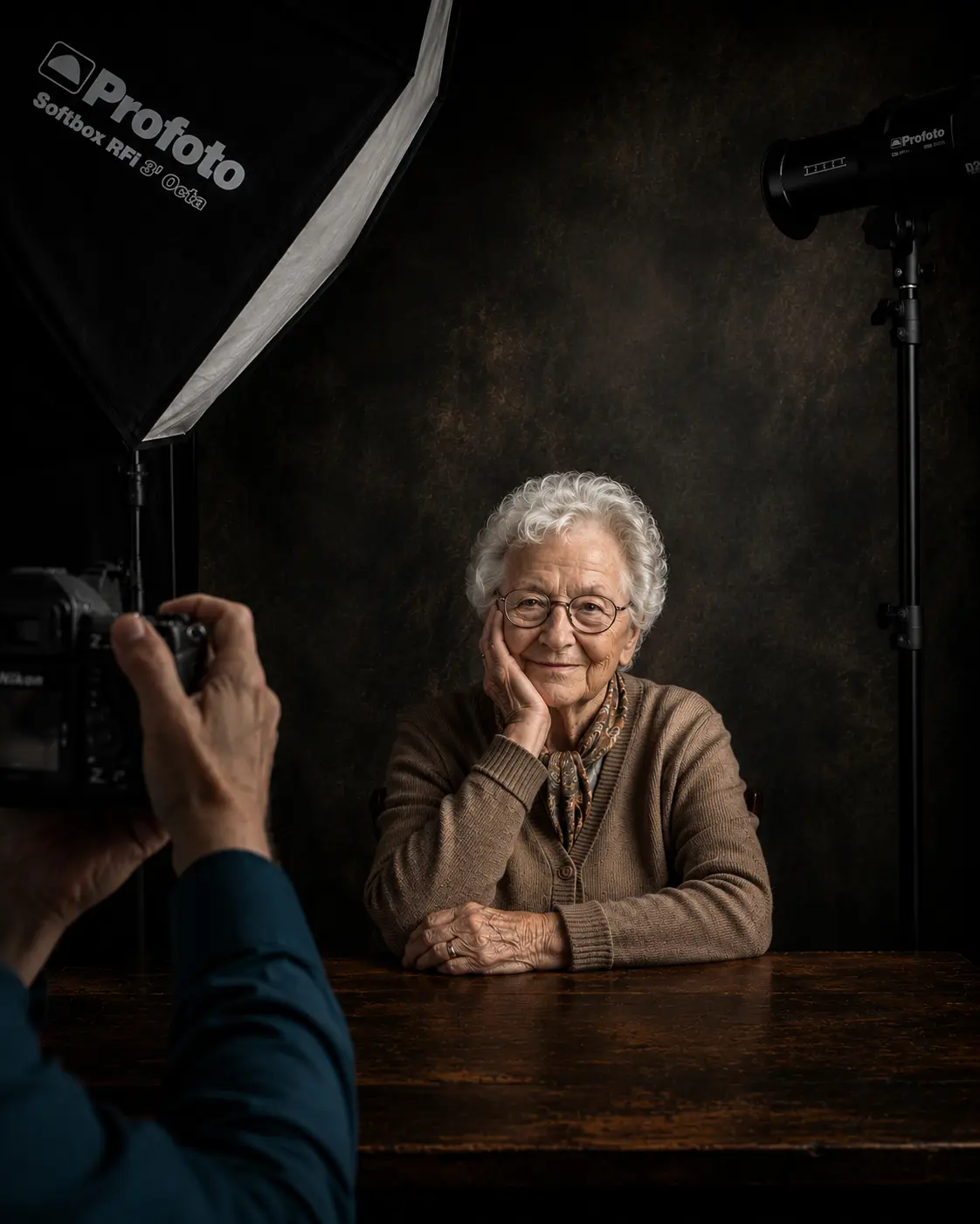 Didier Carluccio réalisant le portrait d’une résidente dans un studio photographique installé au sein de son établissement